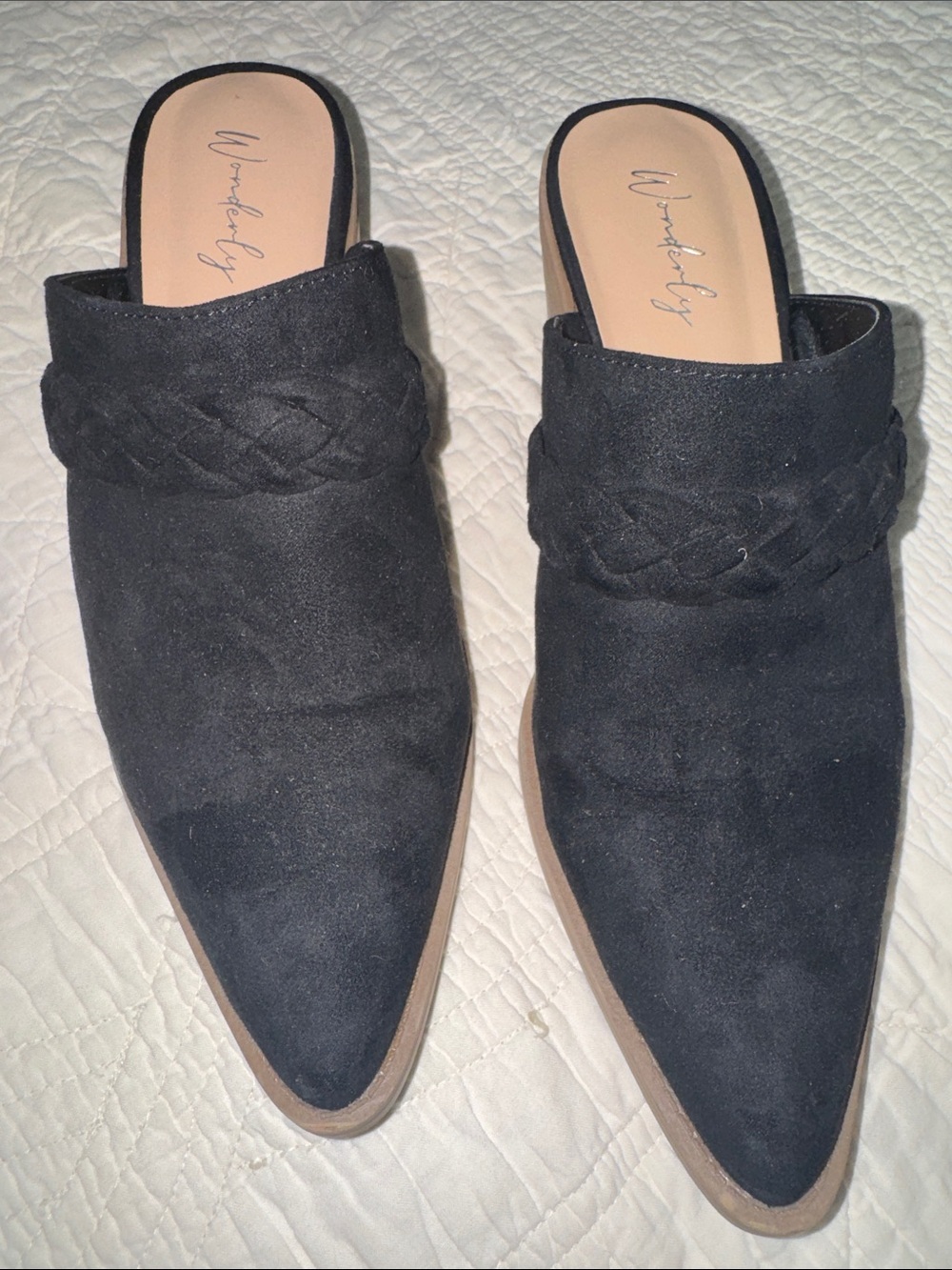 Wonderly Black Braided Pointed Toe Suede Mules